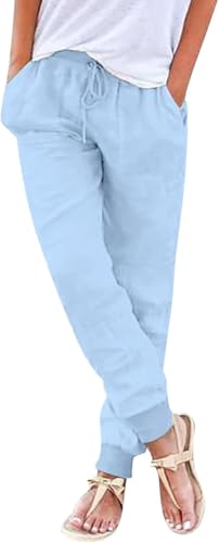 Sommerhosen Damen leicht und luftig Boho Einfarbig Freizeithose Stretch Leicht Leinenhose Straight Leg Casual Baumwolle Stoffhose Leinenhose Strandhose schwarz weiß Mit Taschen von Generic