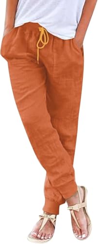 Sommerhosen Damen leicht und luftig Boho Einfarbig Freizeithose Stretch Leicht Leinenhose Straight Leg Casual Baumwolle Stoffhose Leinenhose Strandhose schwarz weiß Mit Taschen von Generic