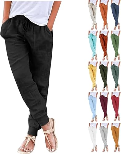 Sommerhosen Damen leicht und luftig Boho Einfarbig Freizeithose Stretch Leicht Leinenhose Straight Leg Casual Baumwolle Stoffhose Leinenhose Strandhose schwarz weiß Mit Taschen von Generic
