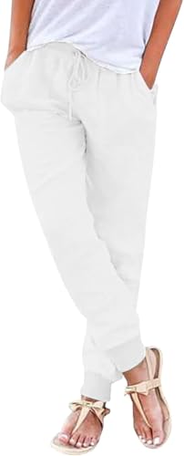 Sommerhosen Damen leicht und luftig Boho Einfarbig Freizeithose Stretch Leicht Leinenhose Straight Leg Casual Baumwolle Stoffhose Leinenhose Strandhose schwarz weiß Mit Taschen von Generic