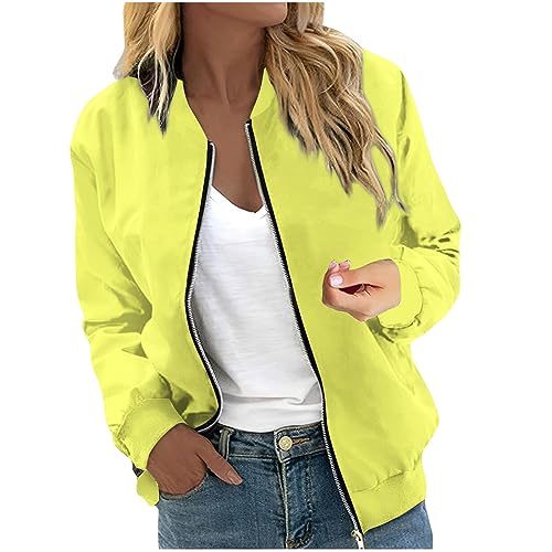 Sommerjacke Damen Leicht,DüNne Sommerjacke Damen,Bomberjacke Damen Blumenmuster Coat Sommer Reißverschluss Jacke Mädchen Sommerjacke Leichte Pilotenjacke Langarm Fliegerjacke,Gelb,L von Generic