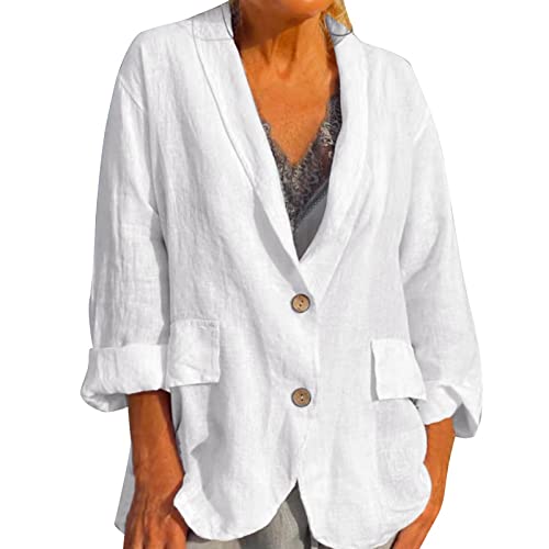 Sommerjacke Damen Leicht Lang Leinen, Sakko Damen Große Größen Elegant Schwarz Und Weiße Bluse Blazer Open Front Business Blazer Jacke Mit Tasche Und Knöpfe Steppjacke/Longblazer/Longbluse von Generic
