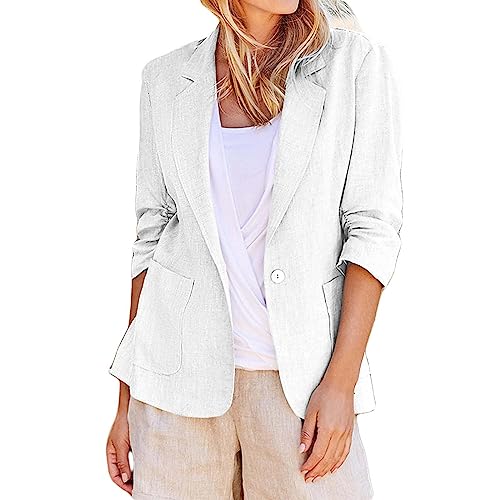 Sommerjacke Damen Leicht Lang Leinen: Blazer Damen Lang Tailliert Leinen-Blazer Sommer Übergangsjacke Sommerjacke Elegant Anzugjacke Regular Fit Blazerjacken Knöpfe Sakko//Hemdjacke/Leinen-Jacke von Generic