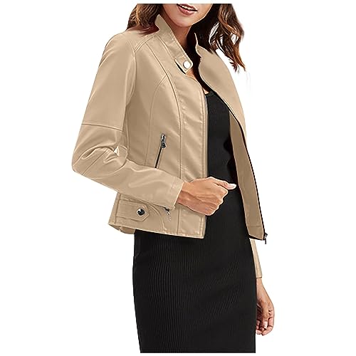 Sommerjacke Damen Leicht Motorradjacke Damen Kurz | Leicht Lederjacke Aus Kunstleder mit Reißverschluss Übergangsjacke für Herbst Italienische Mode Kunstlederjacke XL A Khaki von Generic