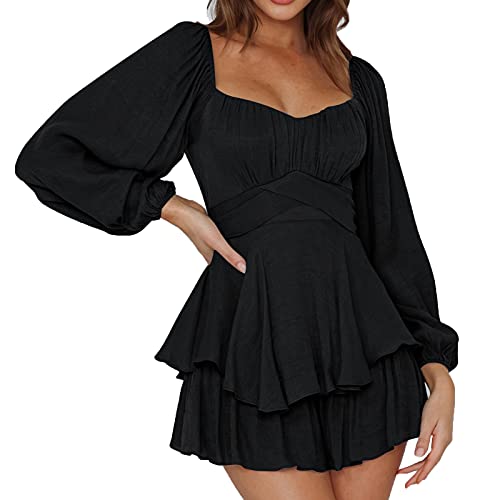 Sommerkleid, Damen Swing Kleid Off Shoulder Slash Neck Skaterkleid Einfarbiges A-Linien-Kleid Trägerloses, Kurzärmliges, Knielanges Patchwork-Kleid Strandkleid Party, M, Schwarz5 von Generic