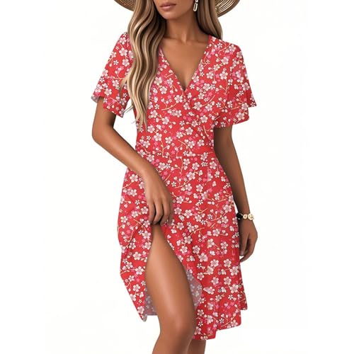 Sommerkleid, Sommerkleider Damen A-Linien Blumen Knielänge V Ausschnitt Kurz Flatterärmel Lässig Kleider für Frauen 2025 Sommer Urlaub mit Rüschen Ärmel A Watermelon Red L von Generic