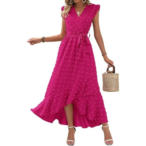 Sommerkleid A Linie Damen, Sommerkleid Damen Freizeitkleider A Linie Vokuhila Kleid mit Gürtel Elegant V Ausschnitt Wickelkleid Kurzarm Wrapkleider Schlitz Maxikleid für Strand XL A Hot Pink von Generic