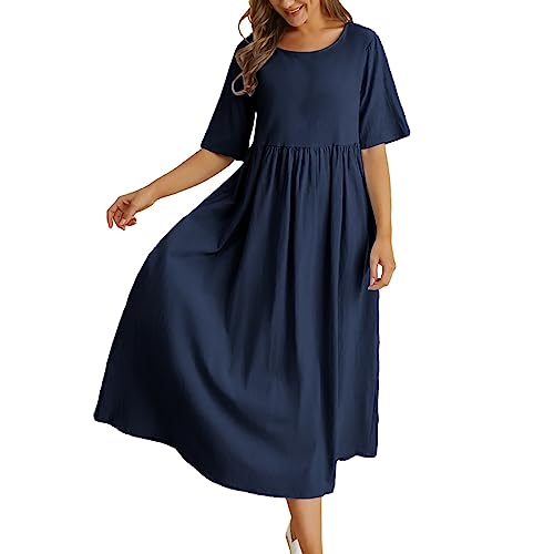 Sommerkleid Baumwolle Leinen Damen O-Ausschnitt Baumwollkleid Maxikleid Tunika Einfarbig Leinenkleid Knielanges Freizeitkleider Strandkleider Kleid A-Linie Kleid Strandkleider Für Frauen von Generic