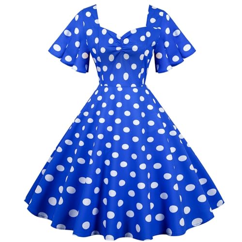 Sommerkleid Damen, Cocktailkleid Damen Kurzarm Retro Polka Dots Swing A-Linie Kleid 1950er Vintage Rockabilly Kleider Damen Elegant Knielang Abendekleid Sommer Freizeit Party Ballkleid von Generic