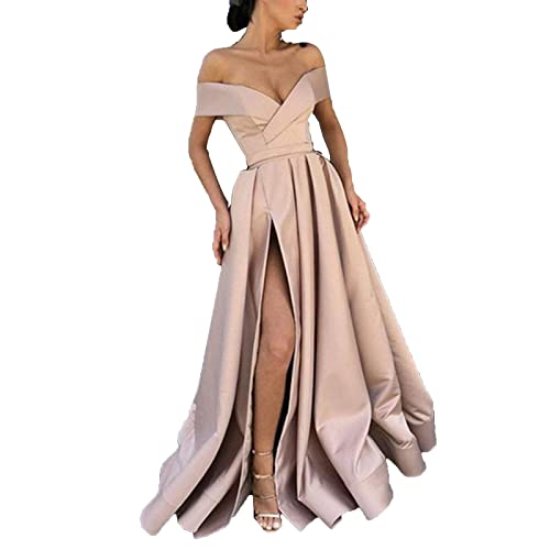 Sommerkleid Damen, Damen Abendkleider Bandeau Schulterfrei Partykleid Sexy Seitenschlitz Kleider Einfarbig Maxikleid Hohe Taille A-Linie Hochzeitskleid Elegant Ballkleider mit Schleppe von Generic