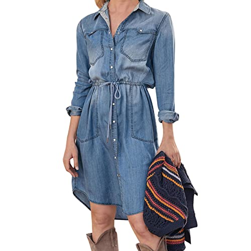 Sommerkleid Damen, Damen Freizeitkleid V Ausschnitt Langarm Jeanskleid Einfarbig Maxikleid mit Taschen Tasten Kleider Hohe Taille A-Linie Langes Kleid Sommer Große Größen Locker Langkleid von Generic