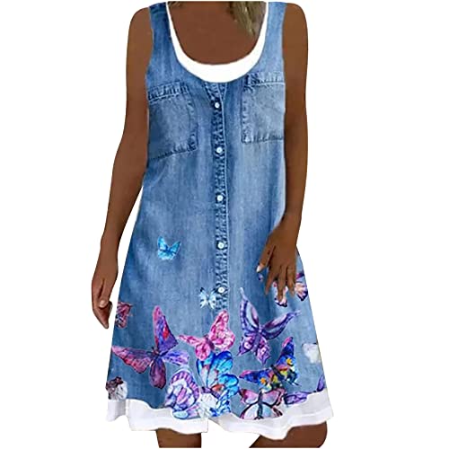 Sommerkleid Damen, Damen Freizeitkleid V Ausschnitt Langarm Jeanskleid Einfarbig Maxikleid mit Taschen Tasten Kleider Hohe Taille A-Linie Langes Kleid Sommer Große Größen Locker von Generic