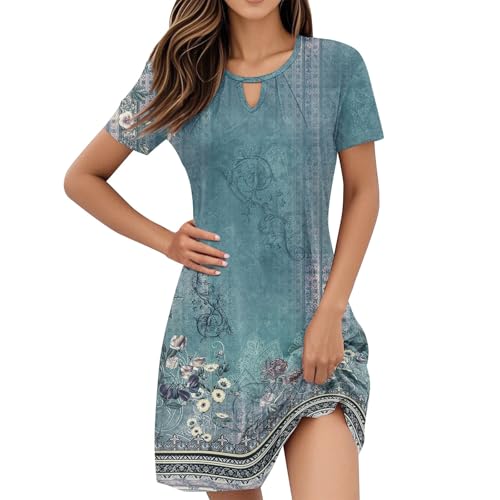 Sommerkleid Damen, Damen Sommerkleider Kurzarm Lose Rundhals Wickelkleid Leicht und Luftig Kleid Bohemian Blumen Blumendruck Freizeitkleid Lockere Knielang Minikleid B Light Blue M von Generic