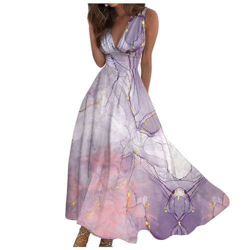 Sommerkleid Damen, Elegant Schicke Strandkleider Leicht Luftig Ärmelloses V-Ausschnitt Maxikleid Retro Passform Freizeitkleid Damen Lässig Strandkleid Teenager Mädchen Festlich Kleider von Generic