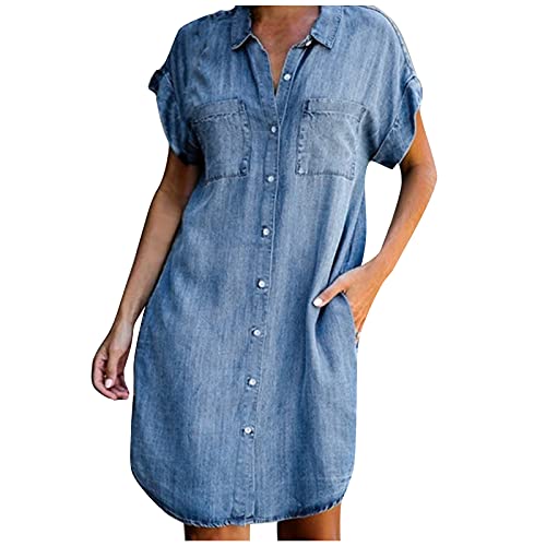 Sommerkleid Damen, Jeanskleid Damen Kurz Frontknopf Jeans Tunika Kleid mit Tasche Einfarbig Rever Minikleid Casual Locker Blusenkleid Frauen Sommer Elegant Freizeitkleid Denimkleid von Generic