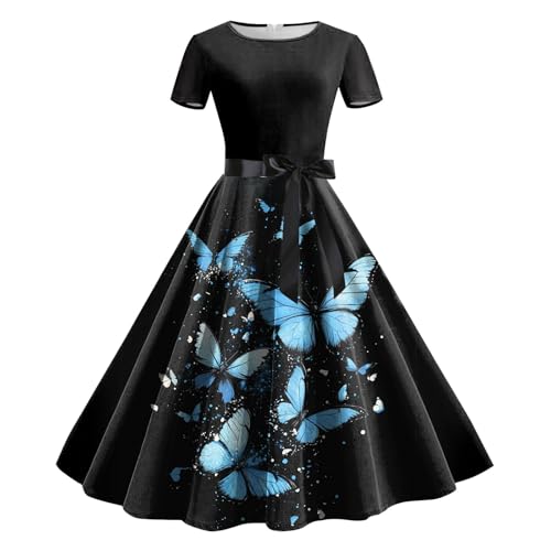 Sommerkleid Damen, Kleider Damen 1950er Rockabilly Cocktailkleid mit Schleife Schmetterling Drucken Swing Faltenrock Knielang Vintage Abendkleid Frauen Elegant Petticoat Partykleid von Generic