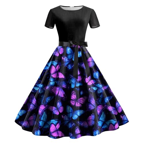 Sommerkleid Damen, Kleider Damen 1950er Rockabilly Cocktailkleid mit Schleife Schmetterling Drucken Swing Faltenrock Knielang Vintage Abendkleid Frauen Elegant Petticoat Partykleid von Generic