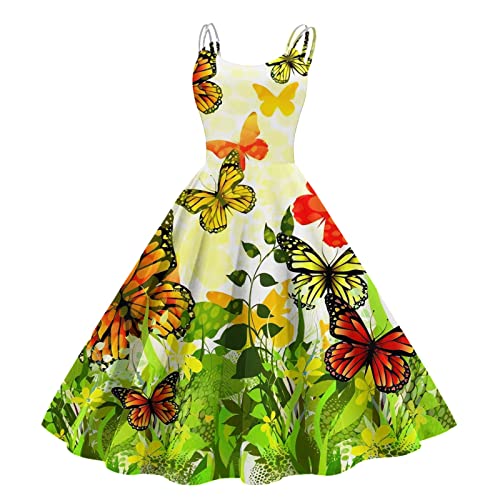 Sommerkleid Damen, Kleider Damen 1950er Vintage Retro Cocktailkleid Spaghetti Träger Abendkleid Knielang Rockabilly Faltenrock Swing A Linie Petticoat Kleid Elegant Vintage Partykleid von Generic