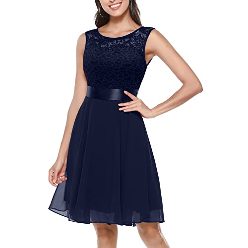 Sommerkleid Damen, Kleider Damen Knielang Ärmellos Rundhals Spitzenkleid Einfarbig Swing A Linie Kleid Festlich Ballkleid Hochzeit Midi Kleid Frauen Sommer Elegant Brautjungfernkleider von Generic