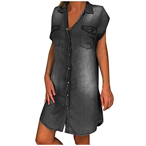 Sommerkleid Damen, Kleider Damen Knielang Jeanskleid Knöpfen Kurzarm Rever Denim Kleid mit Tasche Lässiges Locker Jean Blusenkleid Frauen Sommer Elegant Midikleid Lang Freizeitkleid von Generic