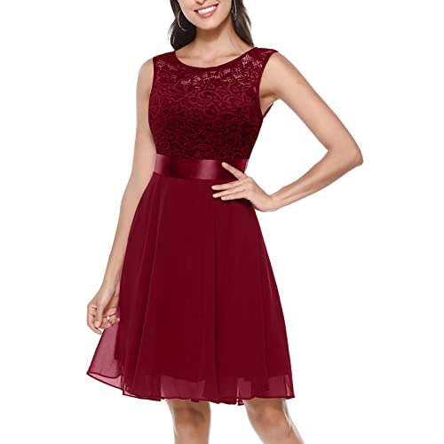Sommerkleid Damen, Kleider Damen Knielang Spitzen Cocktailkleid Ärmellos Rundhals Elegant Abendkleider Ballkleider High Low Spitzenkleid Einfarbig Festlich Partykleid Hochzeit Midi Kleid von Generic