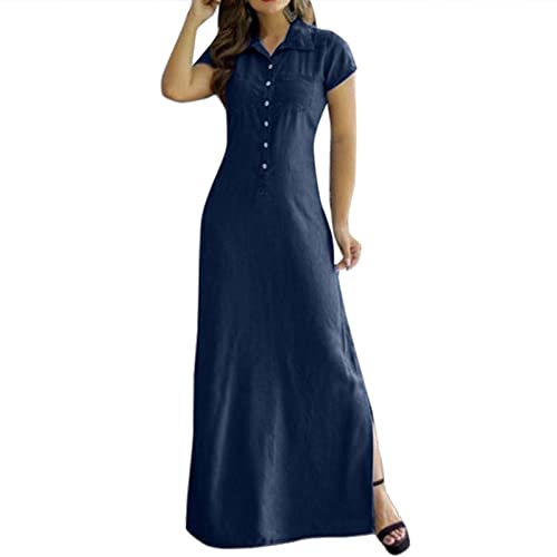 Sommerkleid Damen, Kleider Damen Kurzarm Revers Jeanskleid mit Schlitz Einfarbig Denim Maxi Kleid Lässiges Locker Jean Tshirt Kleider Frauen Sommer Elegant Wickelkleid Freizeitkleid von Generic