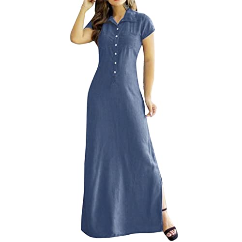 Sommerkleid Damen, Kleider Damen Kurzarm Revers Jeanskleid mit Schlitz Einfarbig Denim Maxi Kleid Lässiges Locker Jean Tshirt Kleider Frauen Sommer Elegant Wickelkleid Freizeitkleid von Generic