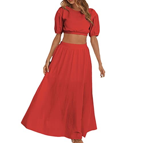 Sommerkleid Damen, Kleider Damen Lang 2 Teilig Rock Kurzarm Rundhals Crop Tops und Maxi Rock Einfarbig Casual Strandkleid Boho Kleid Frauen Sommer Elegant Freizeitkleid Urlaubskleid von Generic