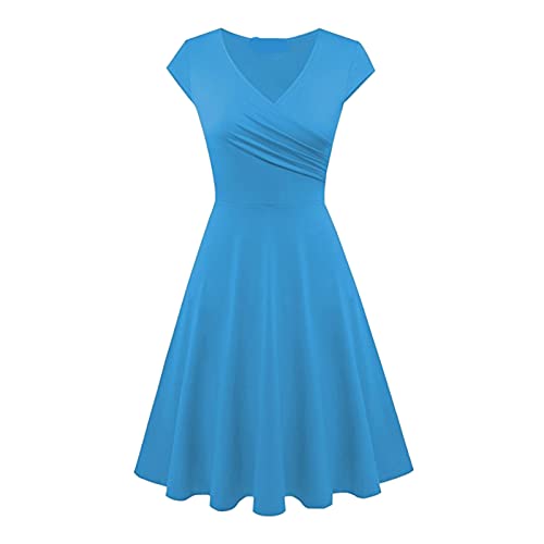 Sommerkleid Damen, Kleider Damen Lang Kurzarm V Ausschnitt Swing A Linie Kleid Einfarbig Midikleid Slim Fit Tshirt Kleider Knielang Blusenkleid Frauen Sommer Elegant Freizeitkleid von Generic