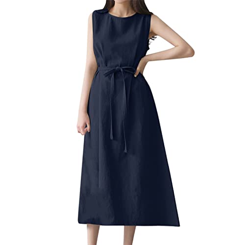 Sommerkleid Damen, Kleider Damen Lang Leinenkleid mit Schleife Ärmellos Rundhals Baumwolle Leinen Boho Kleid Einfarbig Wickelkleid Frauen Sommer Elegant Freizeitkleid Strandkleid von Generic