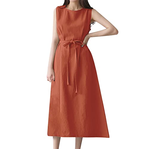 Sommerkleid Damen, Kleider Damen Lang Leinenkleid mit Schleife Ärmellos Rundhals Baumwolle Leinen Boho Kleid Einfarbig Wickelkleid Frauen Sommer Elegant Freizeitkleid Strandkleid von Generic