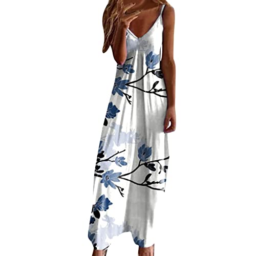 Sommerkleid Damen, Kleider Damen Lang Spaghetti Träger Maxikleid V Ausschnitt Trägerkleid Casual Drucken Strandkleid Lässig Wickelkleid Frauen Sommer Elegant Freizeitkleid Spaghettikleid von Generic
