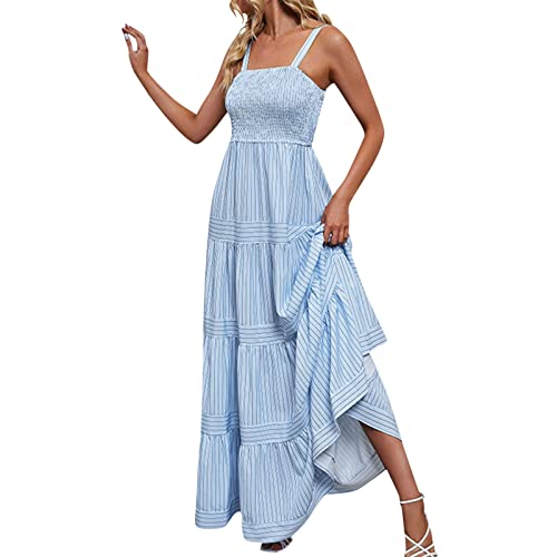 Sommerkleid Damen, Kleider Damen Lang Strapse Streifen Höhe Taille Maxikleid Ärmellos Boho Strand Kleid Sexy Trägerkleid Frauen Sommer Elegant Freizetikleid Strandkleid Urlaubskleid von Generic