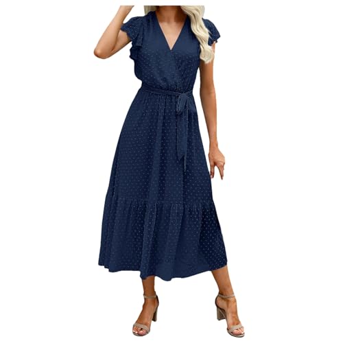 Sommerkleid Damen, Kleider Damen Lang V Ausschnitt Kurzarm Wickelkleid mit Schleife Einfarbig Slim Fit Kleid Maxikleid Casual Partykleid Frauen Sommer Elegant Freizeitkleid Strandkleid von Generic