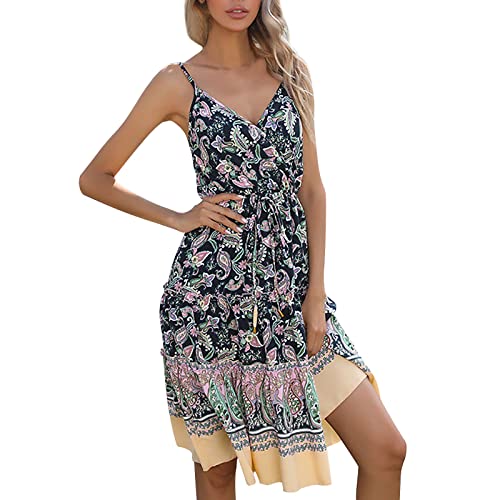 Sommerkleid Damen, Kleider Damen Lang V Ausschnitt Rückenfrei Spaghettikleid Retro Boho Blumenkleid Knielang Wickelkleid Casual Midikleid Frauen Sommer Elegant Strandkleid Urlaubskleid von Generic