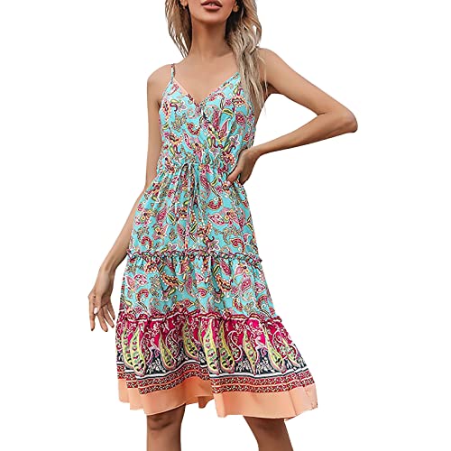 Sommerkleid Damen, Kleider Damen Lang V Ausschnitt Rückenfrei Spaghettikleid Retro Boho Blumenkleid Knielang Wickelkleid Casual Midikleid Frauen Sommer Elegant Strandkleid Urlaubskleid von Generic