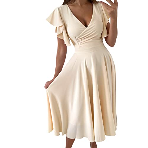 Sommerkleid Damen, Kleider Damen Lang Volant Ärmel Wickelkleid Höhe Taille Swing Partykleid Sexy V Ausschnitt Abendkleid Einfarbig Elegant Hochzeit Midi Kleid Slim Fit Brautjungfernkleider von Generic