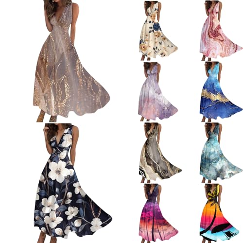 Sommerkleid Damen, Kleider Damen Sommer Lang Strandkleid Ärmellos V Ausschnitt Kleid Blumen Druck Maxikleid Wickelkleid Blusenkleid Vintage Elegant A Linie Kleider Partykleid Freizeitkleider von Generic