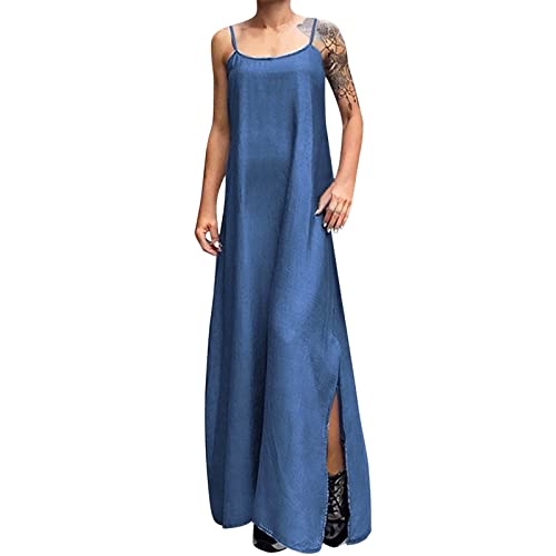 Sommerkleid Damen, Kleider Damen Spaghetti Träger Jeanskleid mit Schlitz Einfarbig Denim Maxi Kleid Lässiges Locker Jean Trägerkleid Frauen Sommer Elegant Wickelkleid Freizeitkleid von Generic