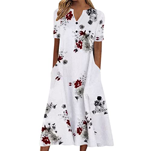 Sommerkleid Damen, Sommerkleid Damen Lang Boho A Linie Kleider Kurzarm V Ausschnitt Knopfleiste Sommerkleider Blumenkleid Midi Kleid Damen Sommer Leicht Luftig Strandkleid Damenkleider von Generic