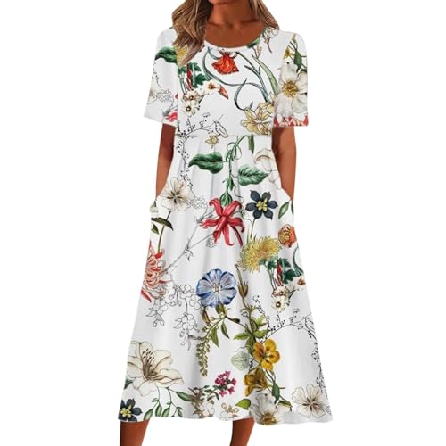 Sommerkleid Damen, Sommerkleid Damen Lang Boho A Linie Kleider Kurzarm V Ausschnitt Knopfleiste Sommerkleider Blumenkleid Midi Kleid Damen Sommer Leicht Luftig Strandkleid Damenkleider von Generic