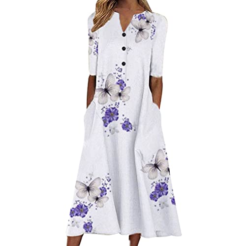 Sommerkleid Damen, Sommerkleid Damen Lang Boho A Linie Kleider Kurzarm V Ausschnitt Knopfleiste Sommerkleider Blumenkleid Midi Kleid Damen Sommer Leicht Luftig Strandkleid Damenkleider von Generic