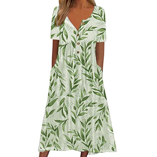 Sommerkleid Damen, Sommerkleid Damen Lang Boho A Linie Kleider Kurzarm V Ausschnitt Knopfleiste Sommerkleider Blumenkleid Midi Kleid Damen Sommer Leicht Luftig Strandkleid Damenkleider von Generic