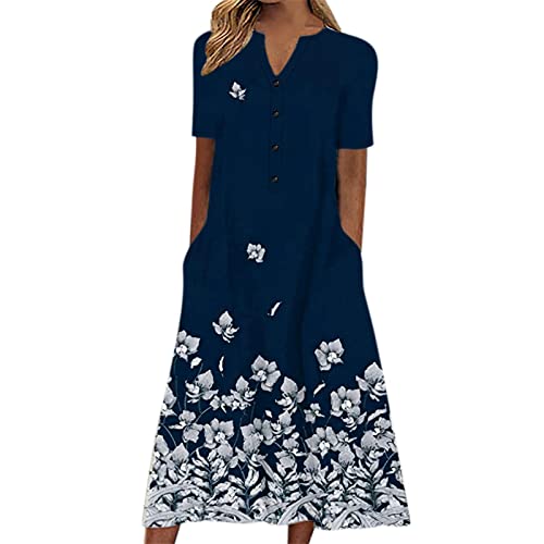 Sommerkleid Damen, Sommerkleid Damen Lang Boho A Linie Kleider Kurzarm V Ausschnitt Knopfleiste Sommerkleider Blumenkleid Midi Kleid Damen Sommer Leicht Luftig Strandkleid Damenkleider von Generic