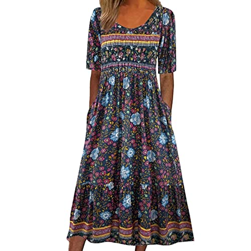Sommerkleid Damen, Sommerkleid Damen Lang Boho A Linie Kleider Kurzarm V Ausschnitt Knopfleiste Sommerkleider Blumenkleid Midi Kleid Damen Sommer Leicht Luftig Strandkleid Damenkleider von Generic