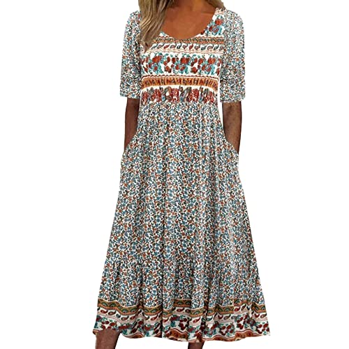 Sommerkleid Damen, Sommerkleid Damen Lang Boho A Linie Kleider Kurzarm V Ausschnitt Knopfleiste Sommerkleider Blumenkleid Midi Kleid Damen Sommer Leicht Luftig Strandkleid Damenkleider von Generic