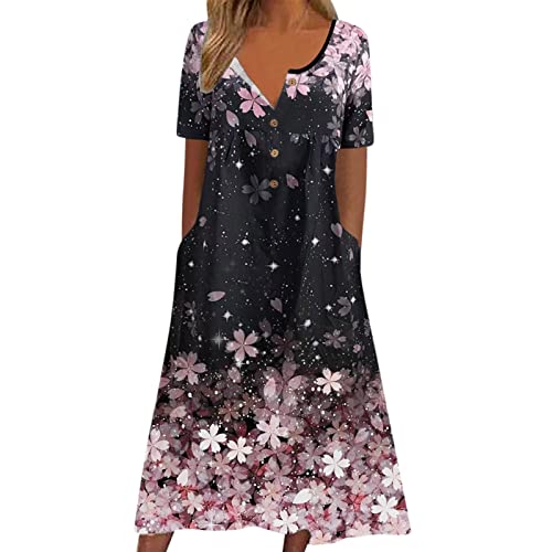 Sommerkleid Damen, Sommerkleid Damen Lang Boho A Linie Kleider Kurzarm V Ausschnitt Knopfleiste Sommerkleider Blumenkleid Midi Kleid Damen Sommer Leicht Luftig Strandkleid Damenkleider von Generic