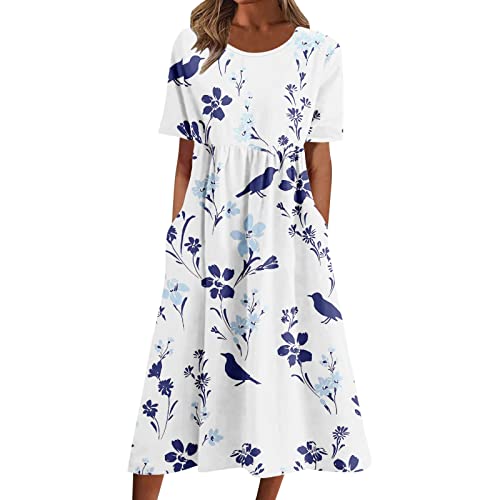 Sommerkleid Damen, Sommerkleid Damen Lang Boho A Linie Kleider Kurzarm V Ausschnitt Knopfleiste Sommerkleider Blumenkleid Midi Kleid Damen Sommer Leicht Luftig Strandkleid Damenkleider von Generic