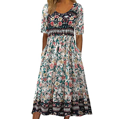 Sommerkleid Damen, Sommerkleid Damen Lang Boho A Linie Kleider Kurzarm V Ausschnitt Knopfleiste Sommerkleider Blumenkleid Midi Kleid Damen Sommer Leicht Luftig Strandkleid Damenkleider von Generic
