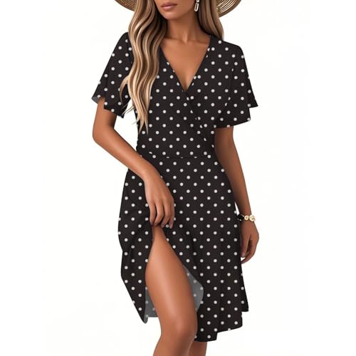 Sommerkleid Damen, Sommerkleid Damen Lang Mädchen Knielänge Boho Freizeitkleid Tunika Hohe Taille Swing Kleid Leicht für Frauen Cocktailkleid Partykleid B Black M von Generic